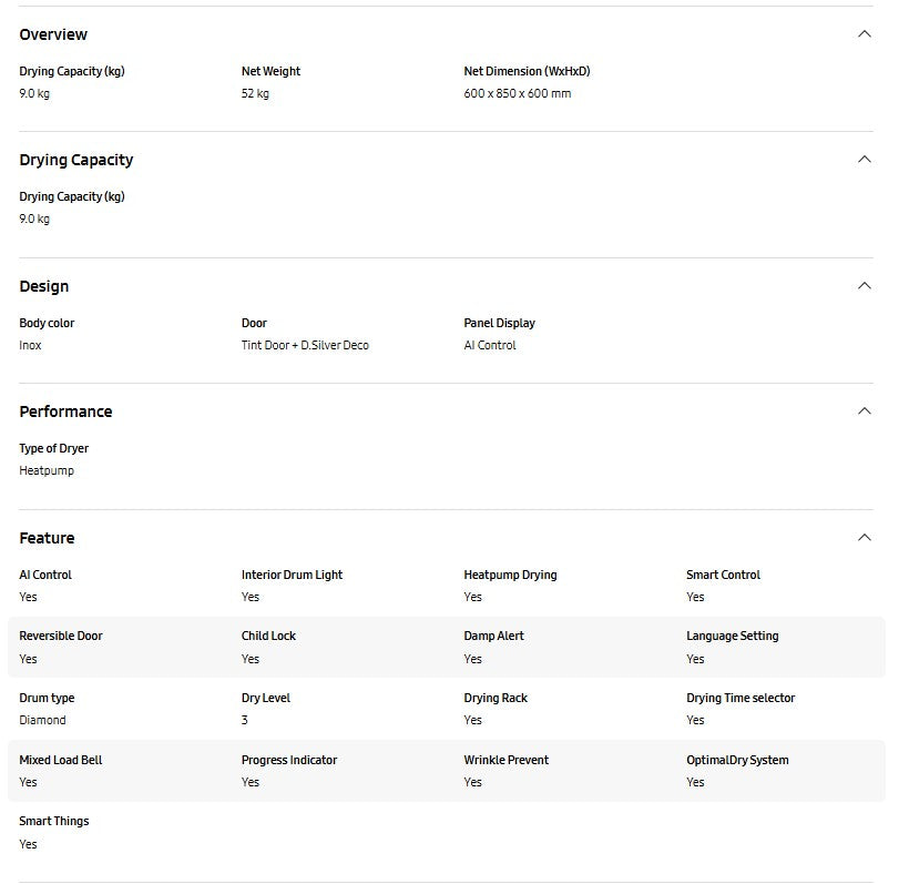 Samsung 9KG Heat Pump Dryer DV90T8240SX/FQ AI Control DV90T8240SX