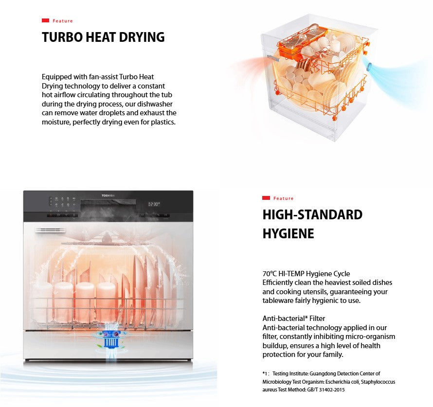 Toshiba Dishwasher DW-08T3(S)-MY table top 8 Place settings DW08T3SMY Turbo Heat Drying (Silver)