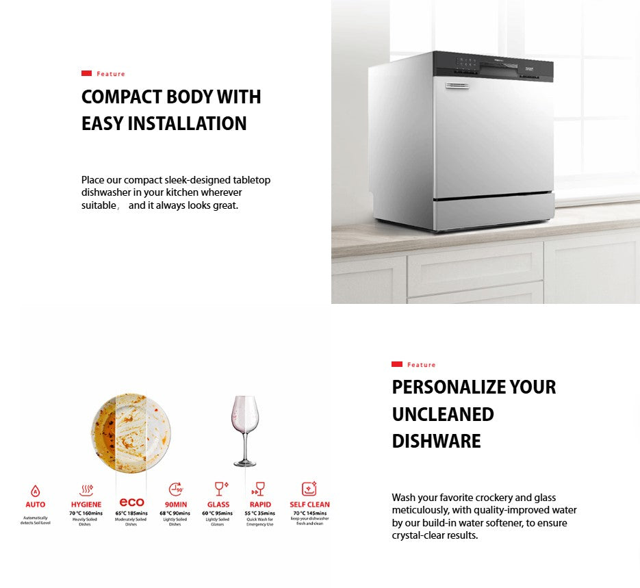 Toshiba Dishwasher DW-08T3(S)-MY table top 8 Place settings DW08T3SMY Turbo Heat Drying (Silver)