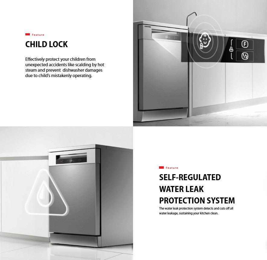 Toshiba Dishwasher DW-14F1 Free Standing with Dual Wash Zone DW14F1SMY (Silver)