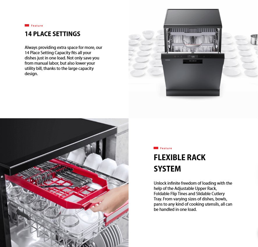 Toshiba Dishwasher DW-14F2 Free Standing with 70°C Hot Water Wash (Black Stainless Steel) DW14F2BSMY