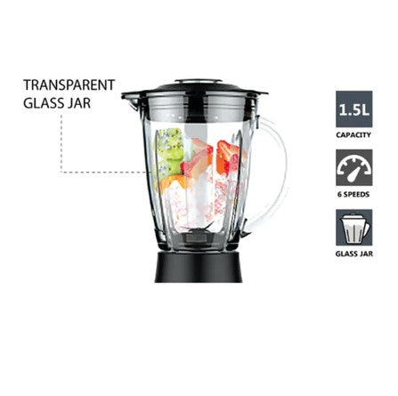Elba Glass Jar Blender EBG-K1556G(BK) / EBGK1556G(BK) - 6-speed with Pulse Function, Grinder, Black (1.5L/500W)