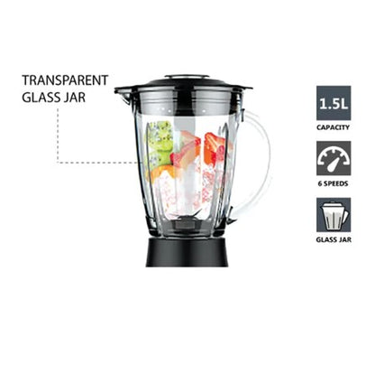 Elba Glass Jar Blender EBG-K1556G(BK) / EBGK1556G(BK) - 6-speed with Pulse Function, Grinder, Black (1.5L/500W)