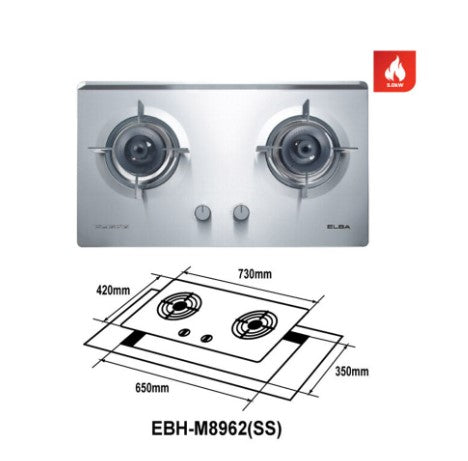 Elba 2 Burners Built-In Glass Hob Cast Iron Support EBH-M8962(SS) / EBHM8962SS