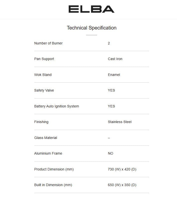 Elba 2 Burners Built-In Glass Hob Cast Iron Support EBH-M8962(SS) / EBHM8962SS