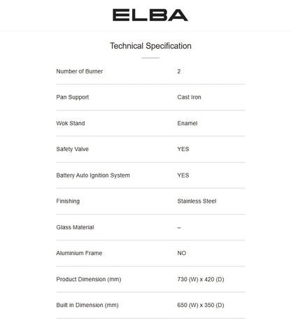 Elba 2 Burners Built-In Glass Hob Cast Iron Support EBH-M8962(SS) / EBHM8962SS