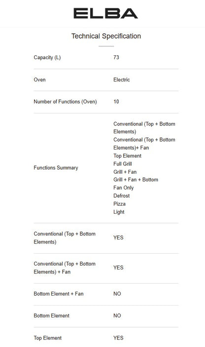 Elba 38L Built-in Steam Oven 73L EBO-H7310TFT(BK) / EBOH7310TFTBK