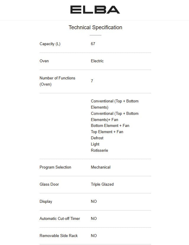 Elba 67L Built-in Oven EBO-N6770(BK) / EBON6770BK