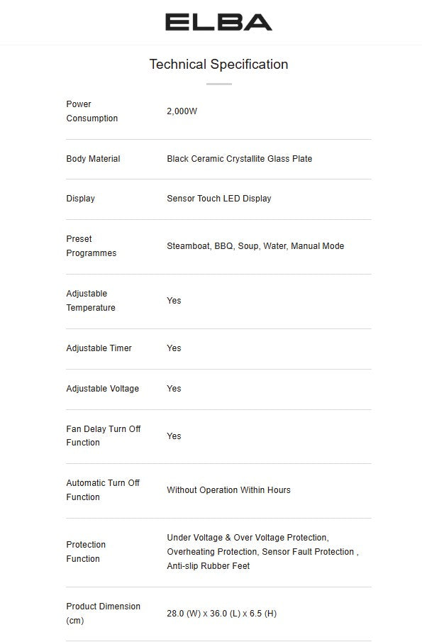 Elba Ceramic Cooker ECC-J2015(BK) LED Display 2000W (Black) ECCJ2015BK