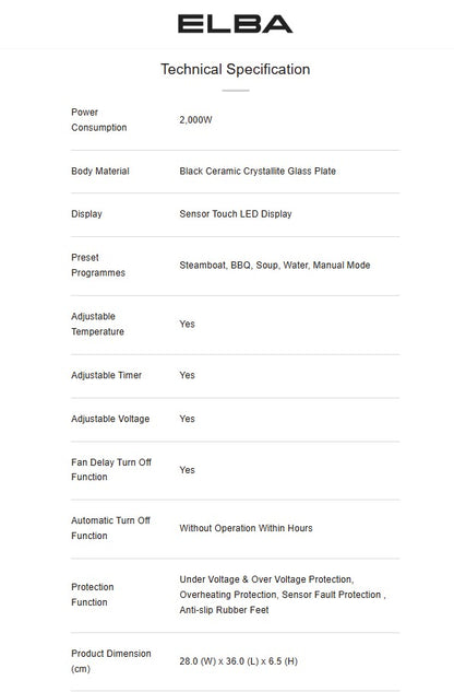 Elba Ceramic Cooker ECC-J2015(BK) LED Display 2000W (Black) ECCJ2015BK