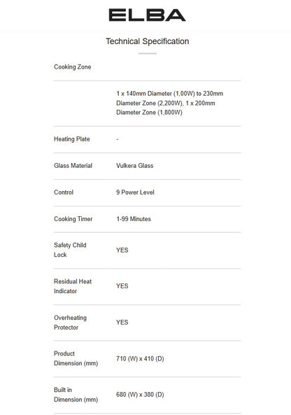 Elba 2 Burner Built-in Ceramic Hob ECH-Q7032ST(BK) / ECHQ7032STBK