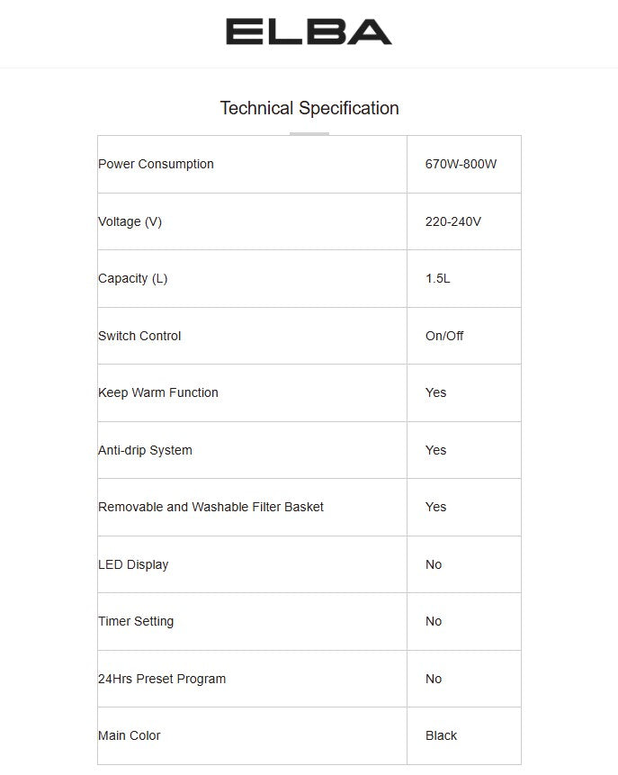 Elba 1.5L Coffee Maker ECM-R1583(BK) / ECMR1583BK 800W (Black)