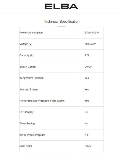 Elba 1.5L Coffee Maker ECM-R1583(BK) / ECMR1583BK 800W (Black)