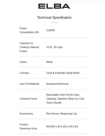 Elba 10L Rice Cooker ECRC-M1026(WH) / ECRCM1026