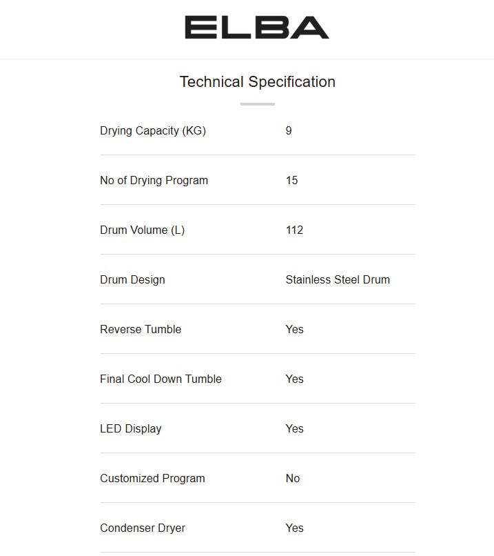Elba 9KG Condenser Dryer ED-H9151C(WH) 15 Drying Program EDH9151CWH