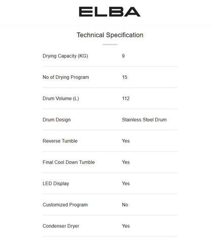 Elba 9KG Condenser Dryer ED-H9151C(WH) 15 Drying Program EDH9151CWH