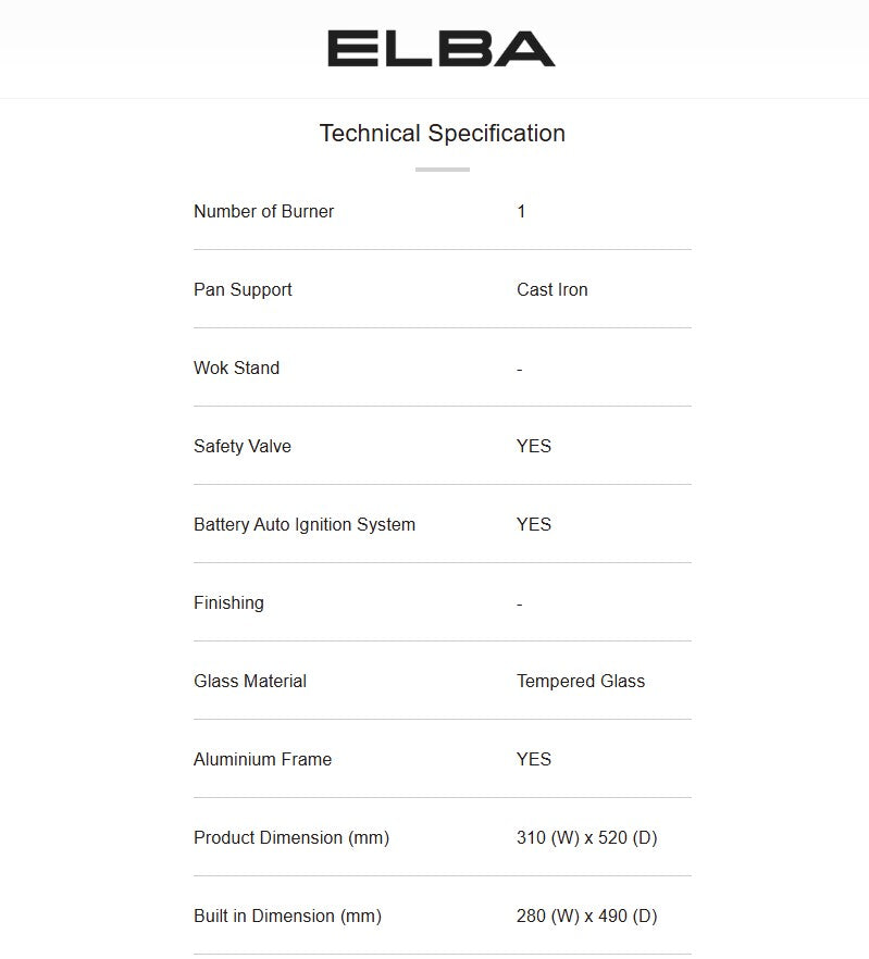 Elba Single Burner Built-in Domino Glass Hob EDH-F3401G(BK) / EDHF3401GBK