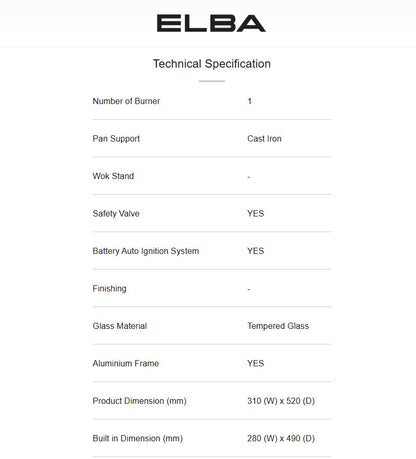 Elba Single Burner Built-in Domino Glass Hob EDH-F3401G(BK) / EDHF3401GBK