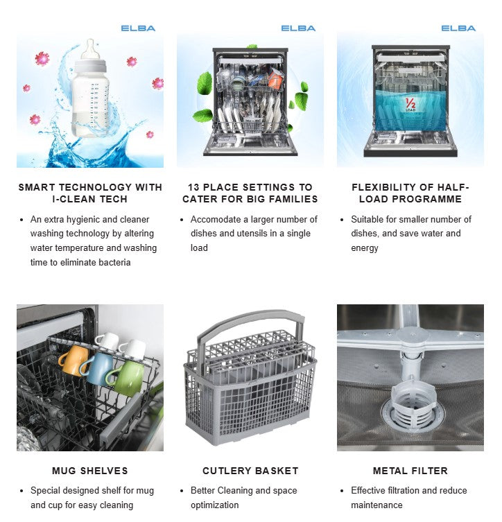 Elba Dishwasher EDW-M1368D(BS) / EDWM1368DBS 13 Settings 1900W
