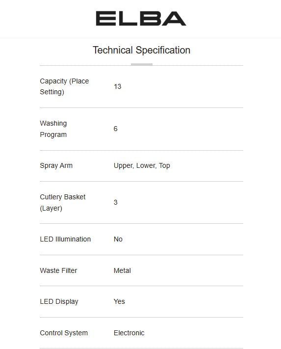 Elba Dishwasher EDW-M1368D(BS) / EDWM1368DBS 13 Settings 1900W
