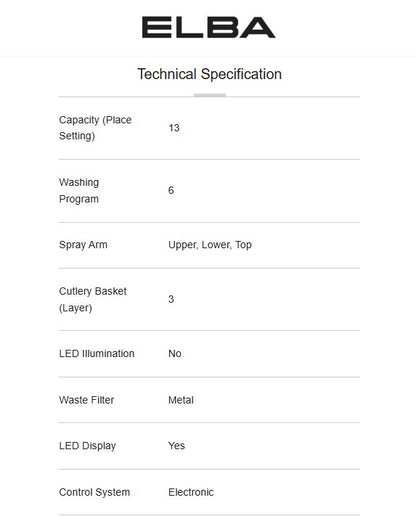 Elba Dishwasher EDW-M1368D(BS) / EDWM1368DBS 13 Settings 1900W