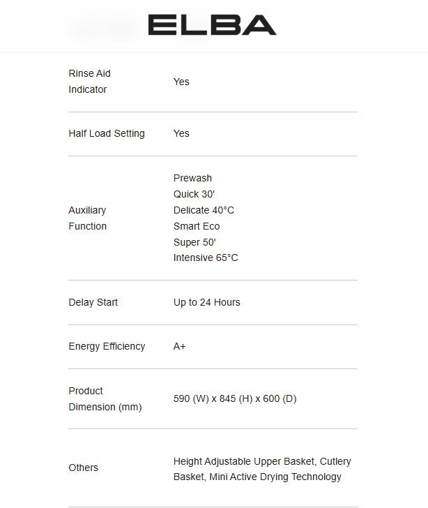 Elba Dishwasher EDW-M1368D(BS) / EDWM1368DBS 13 Settings 1900W