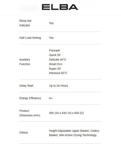 Elba Dishwasher EDW-M1368D(BS) / EDWM1368DBS 13 Settings 1900W