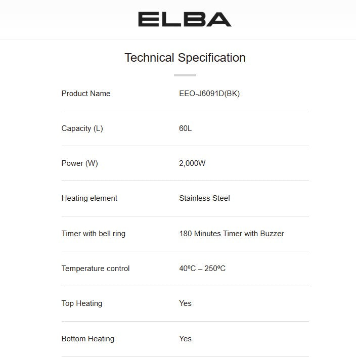 Elba Electric Oven (60L) Digital EEO-J6091D(BK) / EEOJ6091DBK
