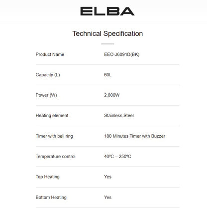 Elba Electric Oven (60L) Digital EEO-J6091D(BK) / EEOJ6091DBK