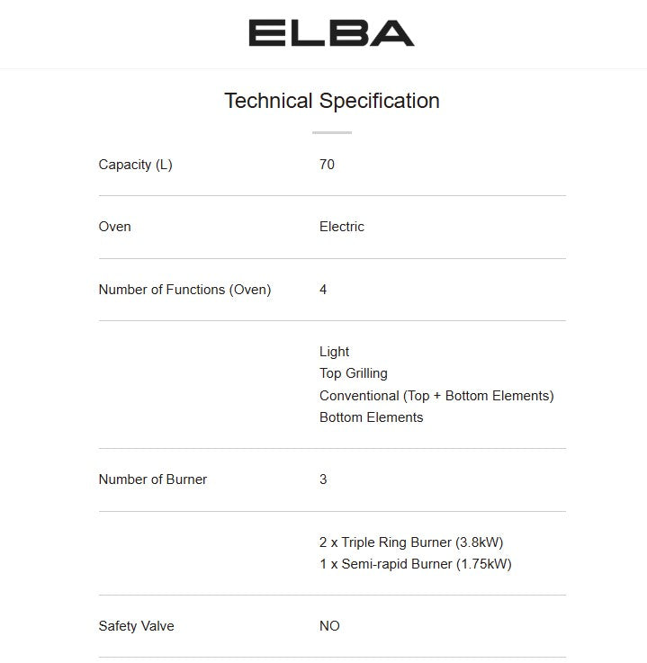Elba 70L Gas Cooker with Electric Oven 3 Burner EGC-C9783E(SS) / EGCC9783ESS
