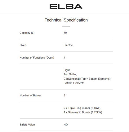 Elba 70L Gas Cooker with Electric Oven 3 Burner EGC-C9783E(SS) / EGCC9783ESS