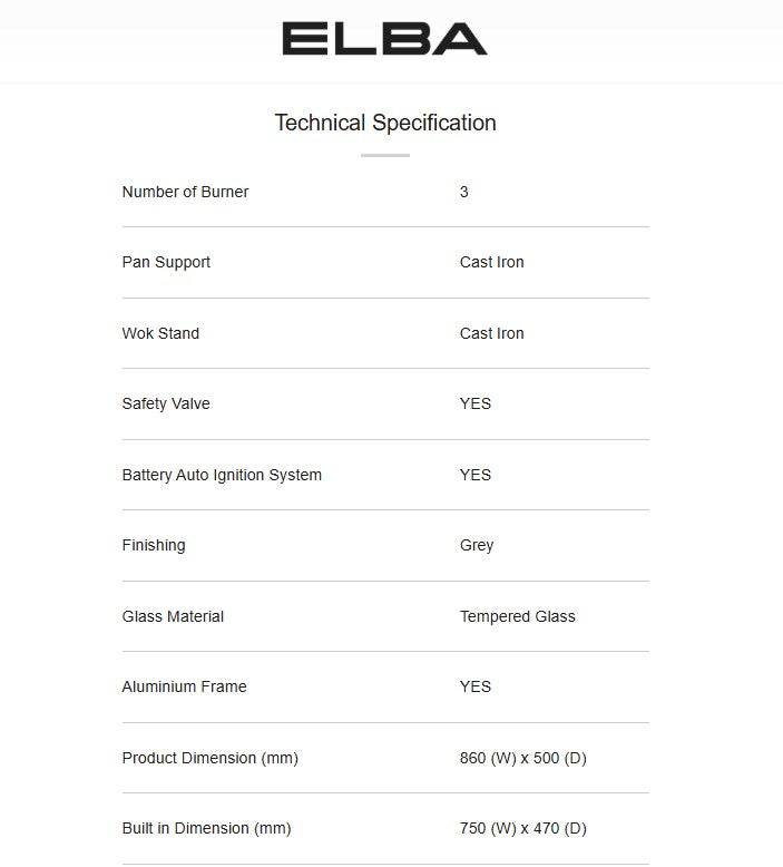 Elba 3 Burners Built-in Glass Hob EGH-E9523G(GR) / EGHE9523GGR