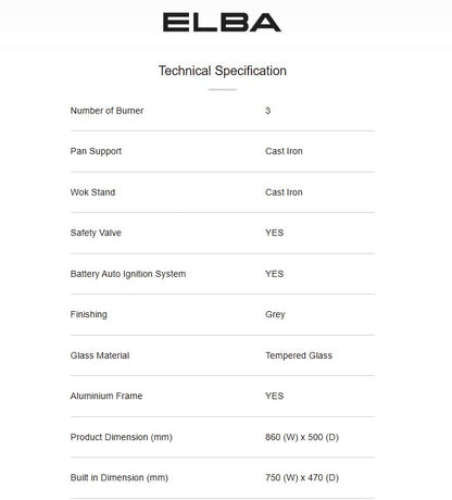 Elba 3 Burners Built-in Glass Hob EGH-E9523G(GR) / EGHE9523GGR
