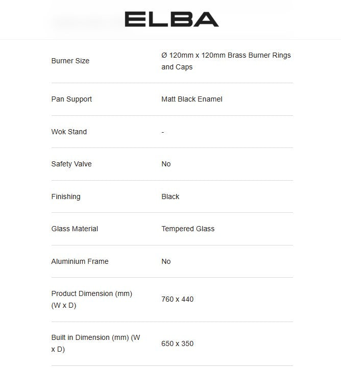 Elba 2 Burners Built in Glass Hob EGH-M8442G(BK) Tempered Glass, Black (4.8kW) EGHM8442GBK (Black)