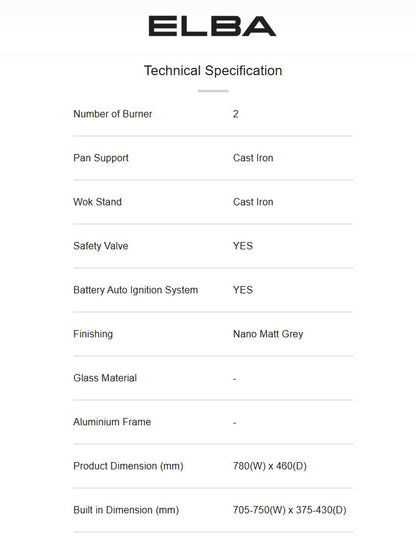 ELBA 2 Burners Built-in Glass Hob EGH-Q8622D(GR) Hob Link Technology EGHQ8622DGR