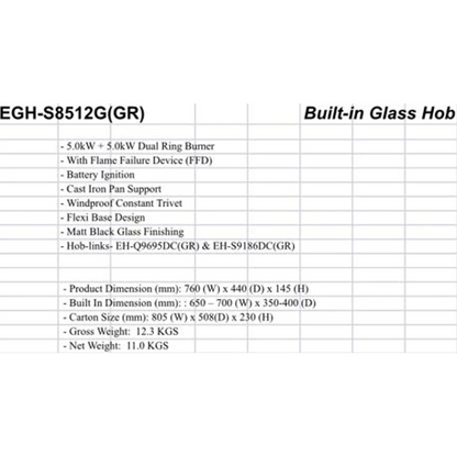 (COMBO) Elba Designer Cooker Hood EH-S9186DC(GR)Turbo boost EHS9186DC(GR) + 5.0KW Built in Glass Hob EGH-S8512G(GR)