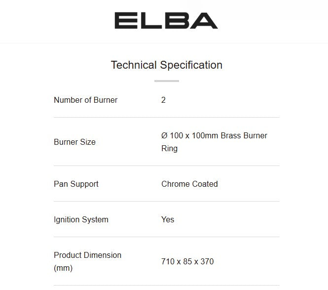 Elba 2 Burner Gas Stove EGS-F7192(SS) / EGSF7192SS Automatic Piezo Ignition (Silver)