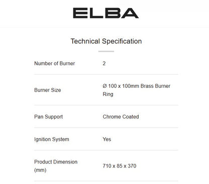 Elba 2 Burner Gas Stove EGS-F7192(SS) / EGSF7192SS Automatic Piezo Ignition (Silver)