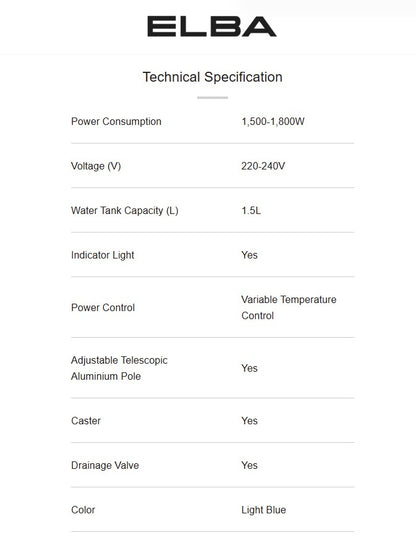ELBA 1.5L Garment Steamer Iron 1800W EGSI-G1842(LB) / EGSIG1842LB Light Blue