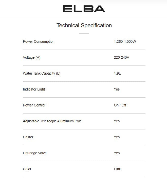 ELBA 1.9L Garment Steam Iron EGSI-M1563(PK) / EGSIM1563PK (1500W) Pink