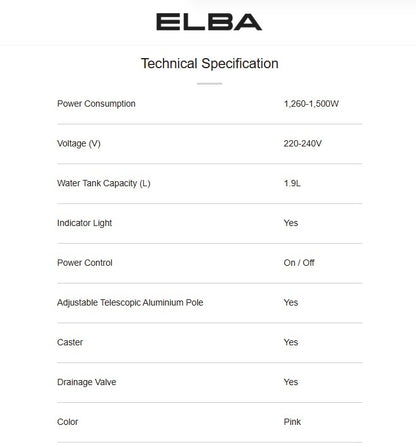 ELBA 1.9L Garment Steam Iron EGSI-M1563(PK) / EGSIM1563PK (1500W) Pink