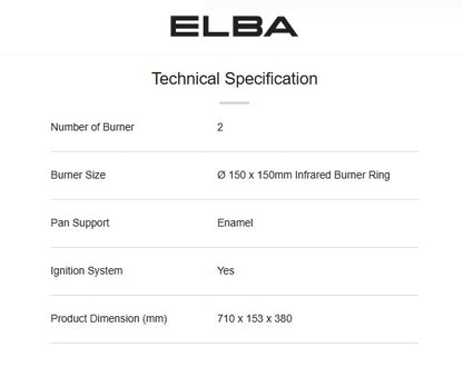 Elba 2 Burner Gas Stove EGS-K7162IR(SS) / EGSK7162IRSS Automatic Piezo Ignition
