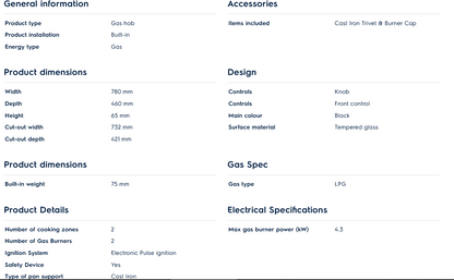 Electrolux EGT7627CK 78cm Built-in 2-Burner Gas Hob