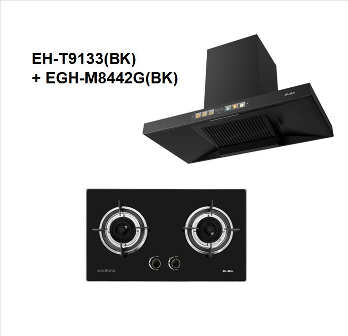 [COMBO] Elba 2 Burners Glass Stove EGH-M8442G(BK) - High Quality Tempered Glass, Black (4.8kW) + Hood EH-T9133(BK)
