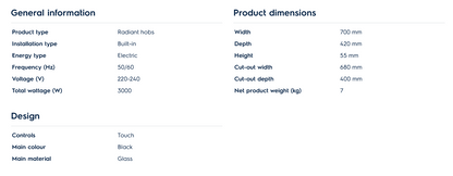 Electrolux EHC7240BA 70cm UltimateTaste 300 Built-in Radiant Hob with 2 Cooking Zones