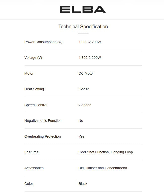 Elba Hair Dryer 2speeds Control, 3 Heat Settings - Black (1800W-2000W) EHD-G2037(BK) / EHDG2037BK