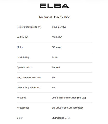 Elba Hair Dryer EHD-J2238(CG) 1800w-2200w ( 3 heat , 2 speed ) EHDJ2238CG