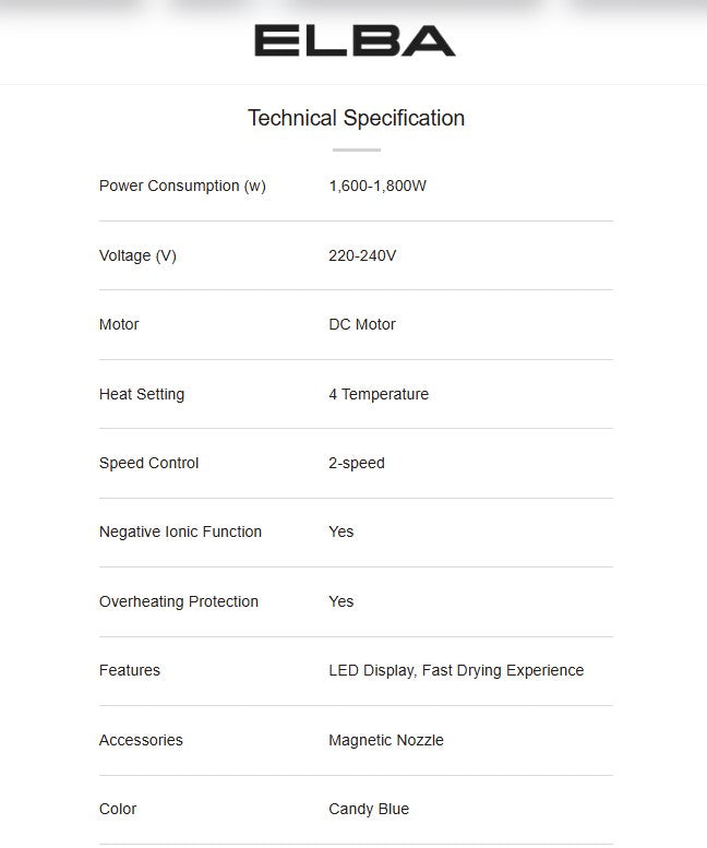 Elba Hair Dryer AIRLUX EHD-Q4643D(BL) DC Motor Candy Blue EHDQ4643DBL