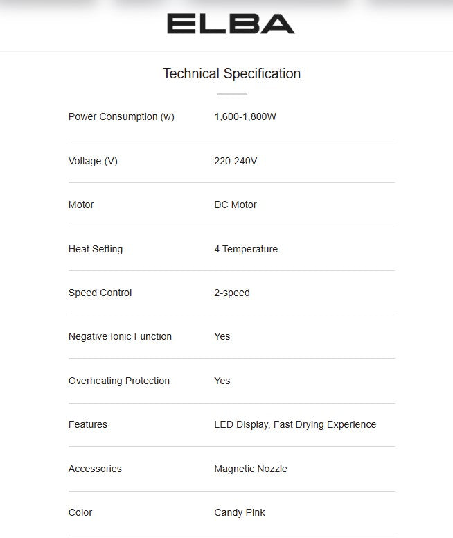 Elba Hair Dryer AIRLUX EHD-Q4643D(PK) DC Motor Candy Pink EHDQ4643DPK