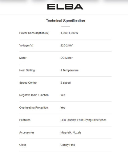 Elba Hair Dryer AIRLUX EHD-Q4643D(PK) DC Motor Candy Pink EHDQ4643DPK